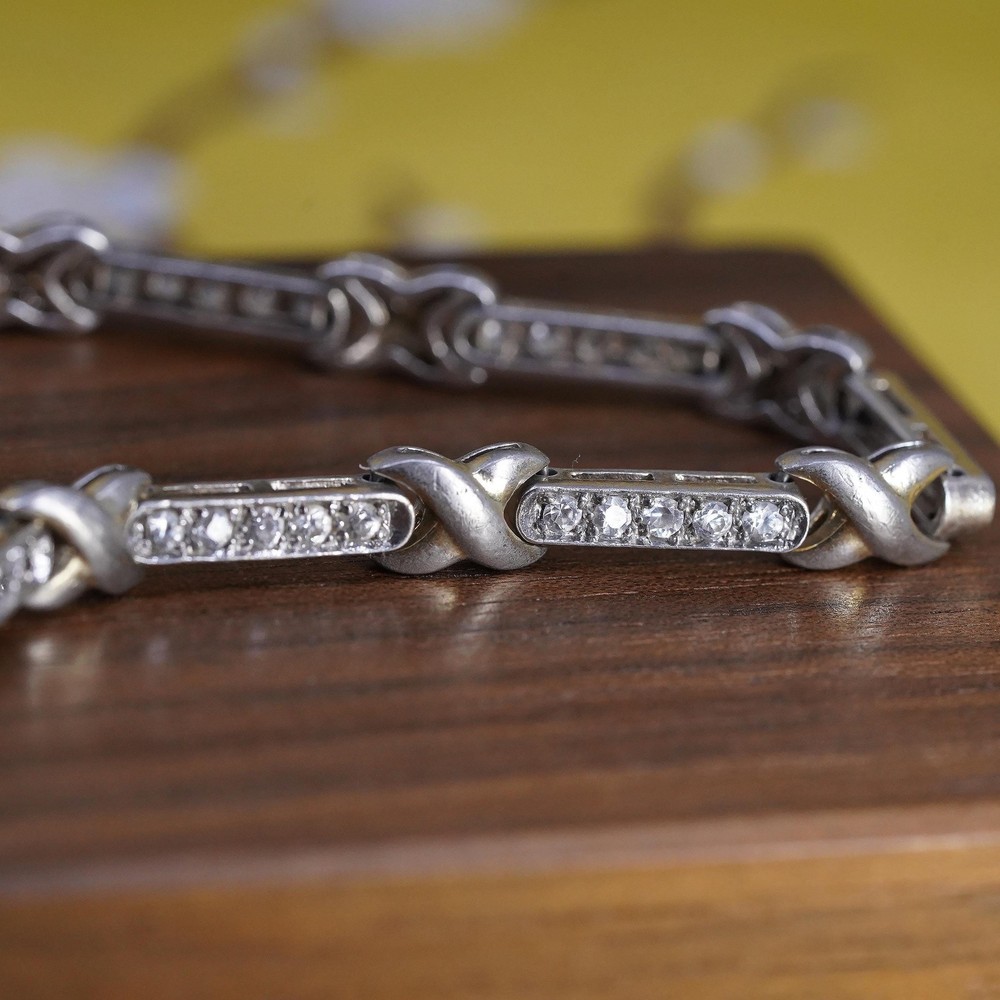 7.5”, vintage Sterling silver tennis bracelet, 925 bar link chain with cz