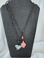 Estate Sale! PAIR Stone Pendant Necklaces Leather Adjustable Cord-Turtle, Fish