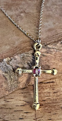 Gold Tone Cross Pendant Necklace – Simulated Amethyst Center on 15.5–17.5” Chain
