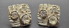 Vintage Modernist Textured Gold Tone Square ClipOn Earrings Clear Crystals 80s
