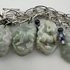Vintage Chinese Carved Jade Bracelet Sterling Silver 12 Zodiac Animals RARE