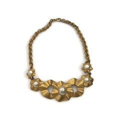 Vintage Gold-Tone Floral Necklace Textured Flowers Pearl Accent