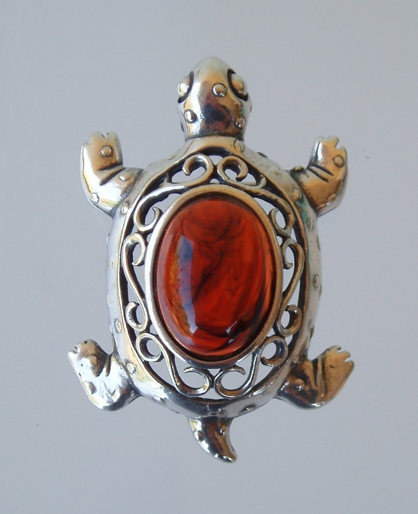 Jezlaine Turtle Filigree & Amber Brooch Pin 925 Sterling Silver Vintage Signed