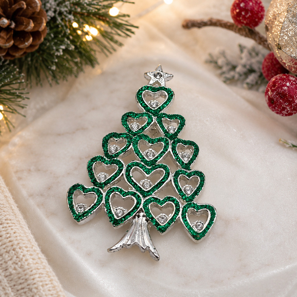 Christmas Tree Brooch Silver Tone Green Glitter Heart Clear Crystal Pin Holiday