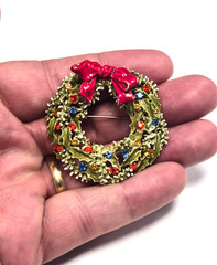Vintage Signed ART Arthur Pepper Enamel Holly & Rhinestone Wreath Pin / Brooch