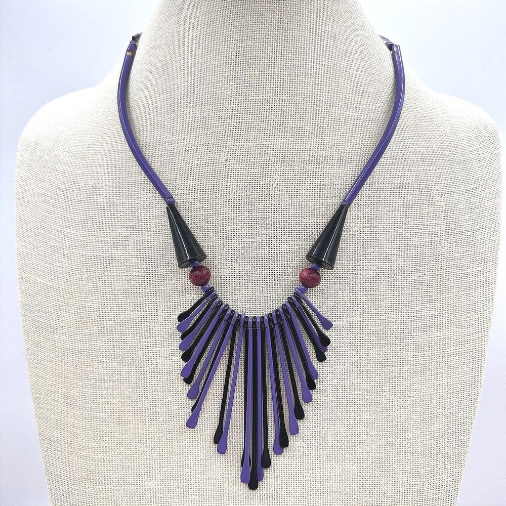 Vintage 80s Purple & Black Waterfall Spiked Wooden Beaded Bib Necklace Jewelry