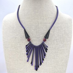 Vintage 80s Purple & Black Waterfall Spiked Wooden Beaded Bib Necklace Jewelry