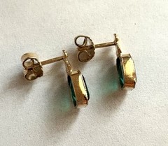 Vintage Dainty Rolled Yellow Gold Emerald Cut Green Pierced Post Earrings