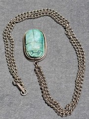 Vintage Egyptian Revival Scarab Pendant Necklace Double Sided Hieroglyphic Blue