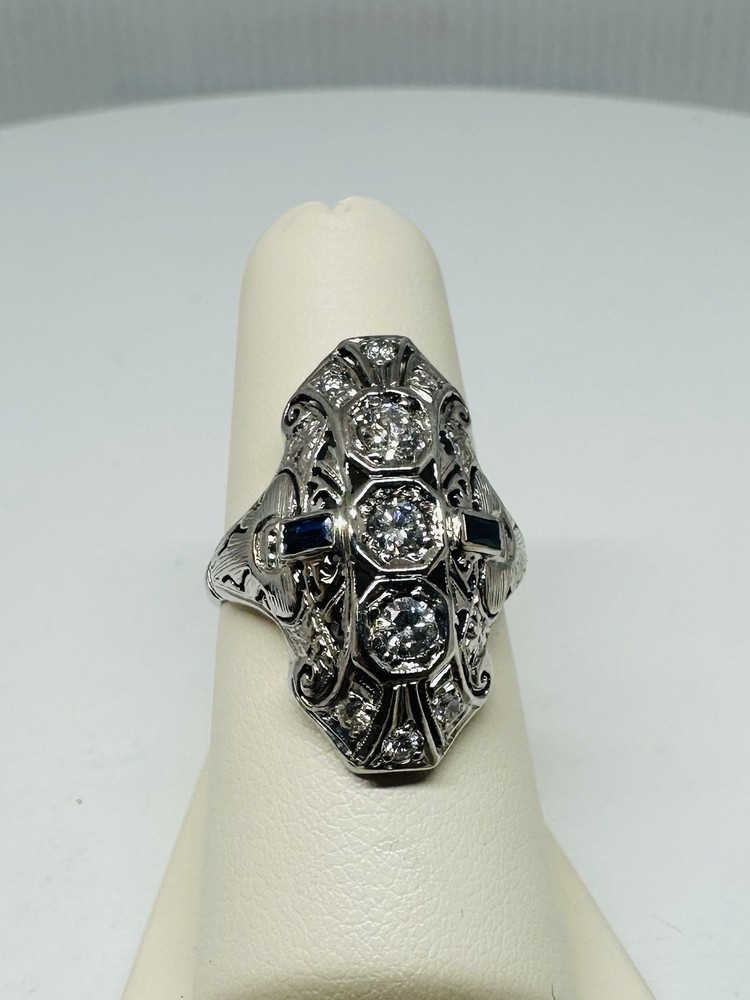 18k Vintage Art Deco Diamond Ring – Synthetic Sapphire