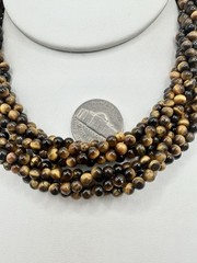 VTG 29In 4 Strand Tigers Eye Bead Necklace Caviar Gold Tone Fish Hook Clasp Read