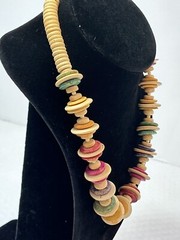 Boho Chic Fashion Wood Rainbow Disc 18” Necklace Vintage Estate Chunky Funky WOW