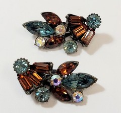 Vintage High End Claudette Brown Blue AB Rhinestone Earrings