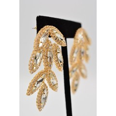 Vintage Crystal Leaf Earrings Drip Dangle Prong Rhinestone Marquise Gold BinAE
