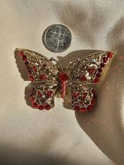 Vintage Gold Tone Red Rhinestone Butterfly Brooch In Great Condition