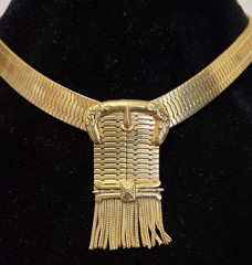 Whiting & Davis Fringe Buckle Necklace Vtg Gold Plated Mesh Metal 17″ Band 1/2″
