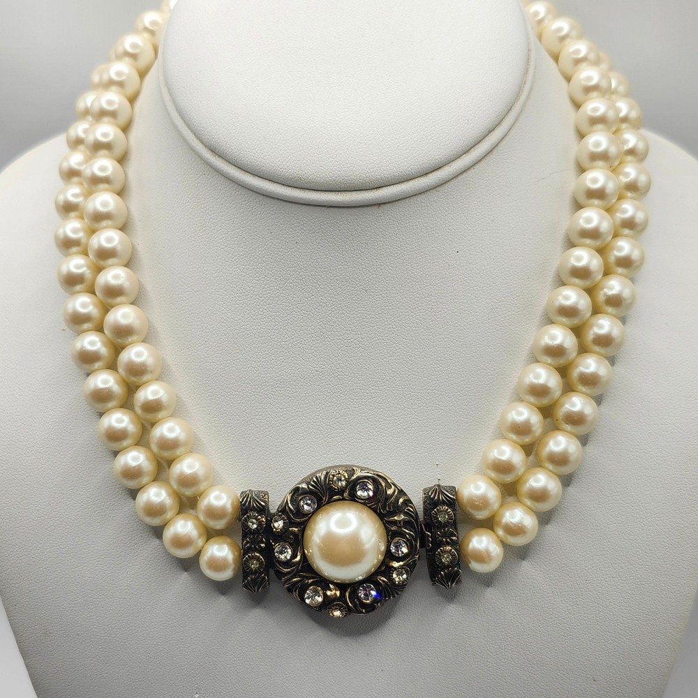 Vintage Double Strand Faux Pearl Choker Necklace Ornate Rhinestone Clasp Cream