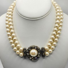 Vintage Double Strand Faux Pearl Choker Necklace Ornate Rhinestone Clasp Cream