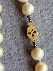 Vintage Marvella Single Strand Knotted Faux Pearl Necklace 28” Gold Tone Clasp