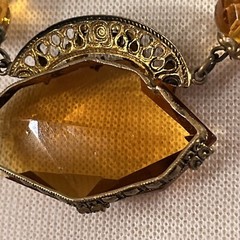 Vintage Czech Large Topaz Amber Faceted Crystal Bead Necklace Clip Earrings Set