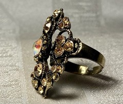 Vintage Aurora Borealis Rhinestone Ornate Statement Cocktail Ring Adjustable