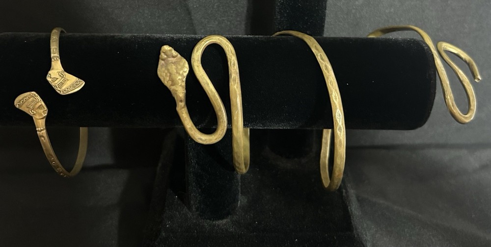 Vtg Egyptian Revival Brass Jewelry Lot Pharaoh Bypass Cuff & Snake Arm Coil Set