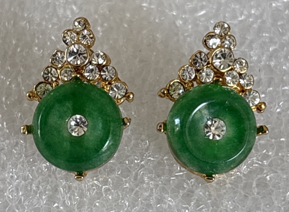 Vintage Gold Tone Costume Faux Jade Stone Button Pierced Plastic Earrings .5”