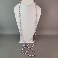 Vintage Art Deco Beaded Necklace Blue Givre Pink Milk Glass 59″ Long Flapper