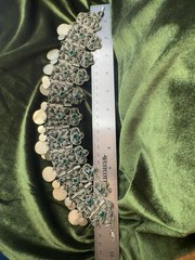 Vintage Moroccan Style Filigree Coin Choker Necklace Green Glass Ethnic 12.25”
