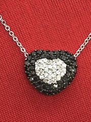 Vintage Silver tone Black Onyx & Clear Cubic Zirconia Pave Heart Necklace