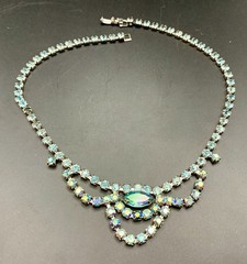 Sky Blue AB Aurora Borealis Rhinestone Festoon Necklace Prong Set Vintage 1950s