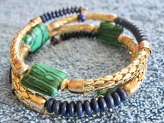 Expandable Spring – Memory Wire. Bangle Bracelet. 3 Rows; Gold Tone Navy Green