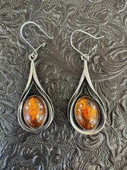 Vintage Unmarked Sterling Silver Baltic Amber Dangle Earrings 2″ Tested .925