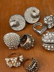 Vintage rhinestone and pearl rings, lot of 10, now size fits all