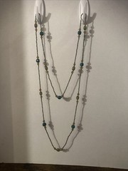 Vintage 56″ Teal & Amber Art Glass Lampwork Bead Long Strand Flapper Necklace