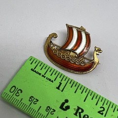 Vintage Signed Norway 925 Enamel Sterling Viking Boat 1.3” Brooch Pin