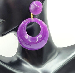Purple Curvy Hoop w Button Stud Retro Style Vtg 1980s Costume Pierced Earrings