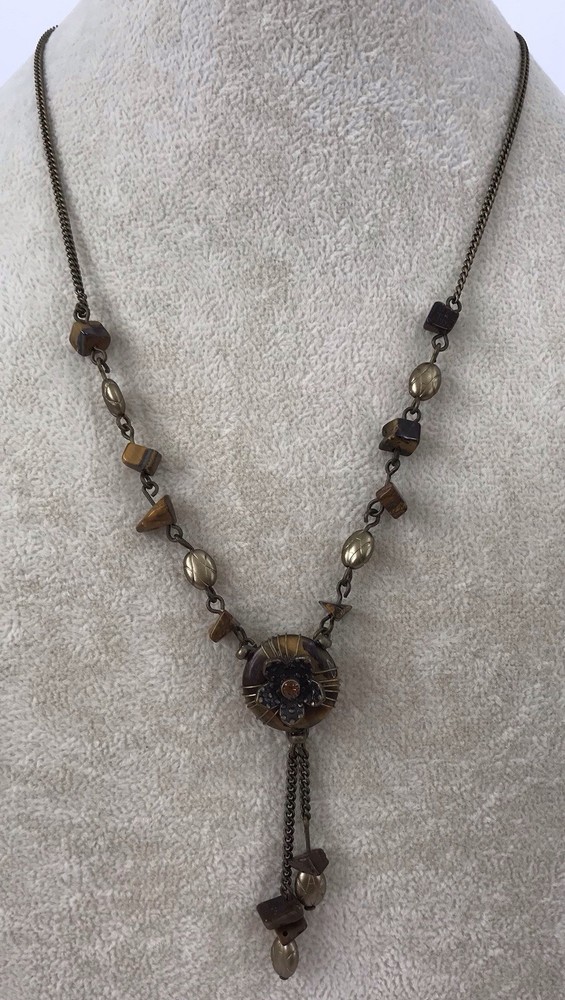 Vintage Nina Ricci Brass Tiger’s Eye Flower Pendant Necklace AVON RARE