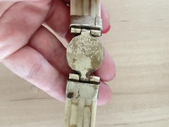 Vintage Inlaid Bone Tribal Hinged Bangle Bracelet Boho Bohemian Jewelry 7 in