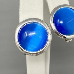 Vtg Stud Button Earrings Silver Tone Metal Blue Moonglow Cabochons Clip On Retro
