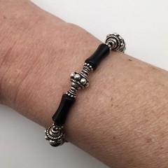 Silver Schark Handmade Sterling Silver & Black Onyx Beaded Bracelet 8” 20g #57