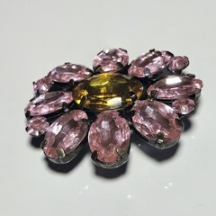 Gold Tone Pink And Yellow Flower Rhinestone Brooch
