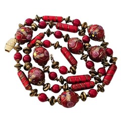 Venetian Necklace Murano Red Copper Wedding Cake Bead Hand Knot Vintage 30”