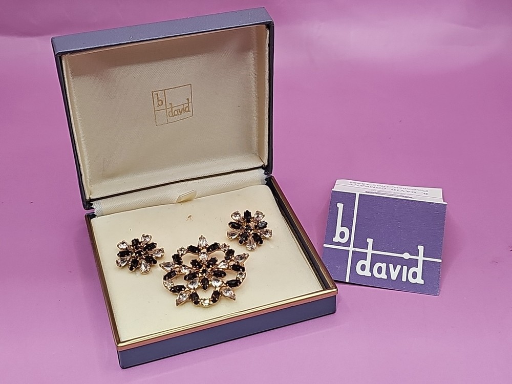 Vtg Signed b david Dark Amber & Clear Rhinestone Brooch Clip Earring Set In Box