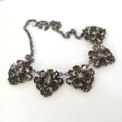 Vintage Smoky Gray Necklace Cocktail Rhinestone Bib Victorian Revival Royal VTG