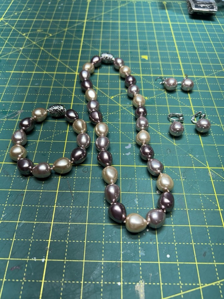 Baroque Freshwater Pearl Necklace & Earrings Set Purple Mauve Large Irregular