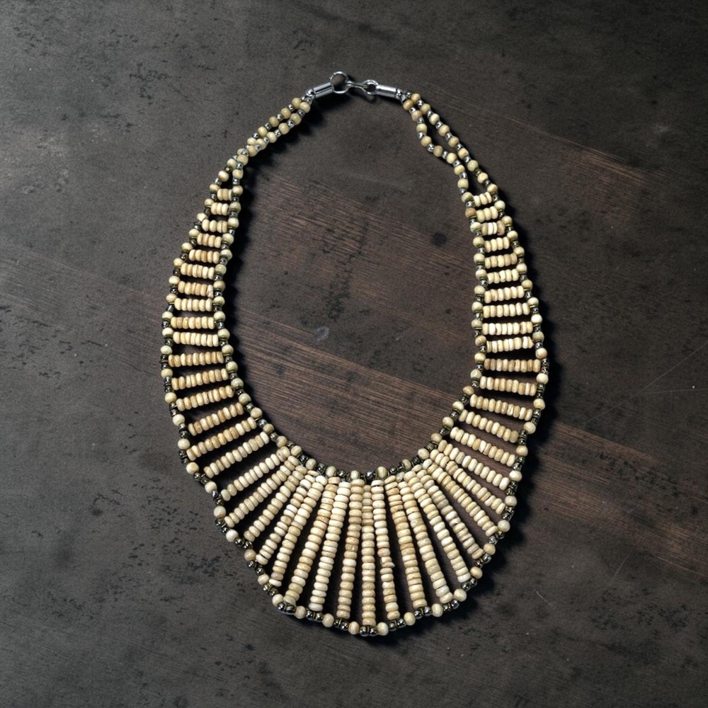 Vintage Indian Tribal Bib Necklace Beaded Statement Collar Boho Ethnic Cream