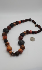 Vintage wood, plastic and gold tone shades of browns beaded Necklace 23″