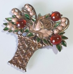 Vintage Gold-tone Flower Basket Brooch w Pink-Peach & Green Enamel, Orange Cabs
