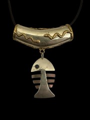 Vintage Fish Skeleton Pendant Slide Necklace Mixed Metal Mid Century On Silk